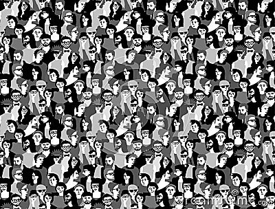 Big crowd happy people black and white seamless pattern. Vector Illustration