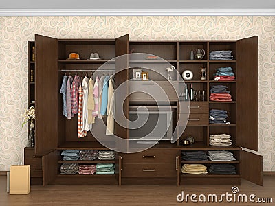 Big cupboard open in interior with things; Cartoon Illustration