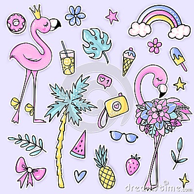 Big cute summer stickers set with flamingos, palm tree, ice cream, watermelon, sunglasses, pineapple, camera, lemonade Vector Illustration