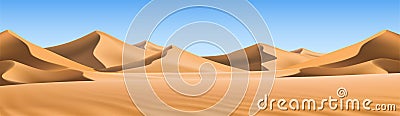 Big realistic background of sand dunes. Desert landscape with blue sky. Vector Illustration