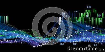 Big Data. Abstract background techno with dots connecting in color grid and blurred lines on dark. Futuristic technology banner Stock Photo