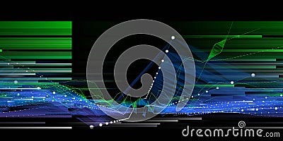 Big Data. Abstract background techno with dots connecting in color grid and blurred lines on dark. Visualization for business, Stock Photo
