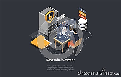 Big Data Administrator Concept. Server Room With Hardware Racks or Web Hosting Infrastructure. Character Controls of Vector Illustration