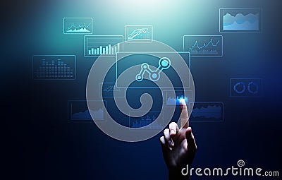 Big data analysis, business intelligence, technology solutions concept on virtual screen. Stock Photo