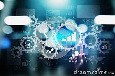 Big Data analysis, Business process analytics diagrams with gears and icons on virtual screen. Stock Photo