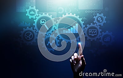 Big Data analysis, Business process analytics diagrams with gears and icons on virtual screen. Stock Photo