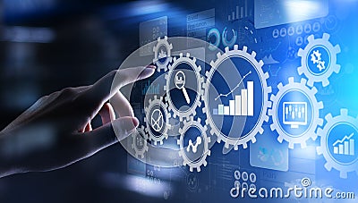 Big Data analysis, Business process analytics diagrams with gears and icons on virtual screen. Stock Photo