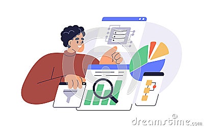 Big data analysis concept. Analyst working with database, analytics, analyzing statistics, graphs and charts for report Vector Illustration