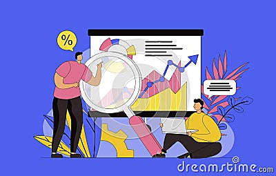 Big data analysis concept with modern flat design for web. Men analyzing statistics, researches graphs and databases, making Vector Illustration