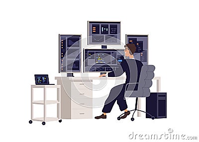 Big data analysis, monitor and management, information technology work. Administrator at computer with multiple-display Vector Illustration