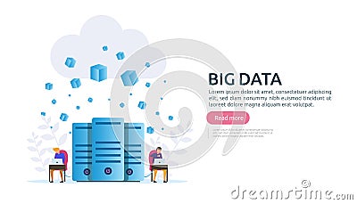big data and analysis processing concept landing page template. cloud database service, server center room rack with interacting Vector Illustration
