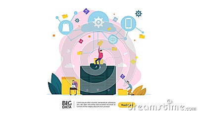 big data and analysis processing concept landing page template. cloud database service, server center room rack with interacting Vector Illustration