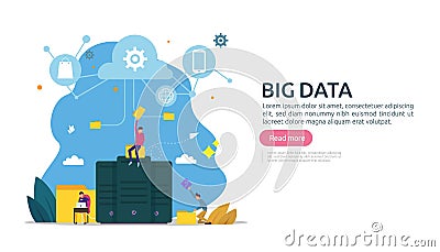 big data and analysis processing concept landing page template. cloud database service, server center room rack with interacting Vector Illustration