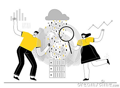 Big data analysts man and women study information on servers and cloud storage Vector Illustration