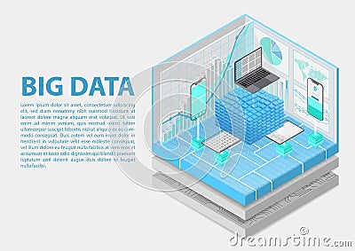 Big data and analytics concept with digital data cube as isometric vector illustration Vector Illustration