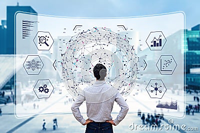 Big data analytics visualization technology with scientist analyzing information structure on screen with machine learning to Stock Photo