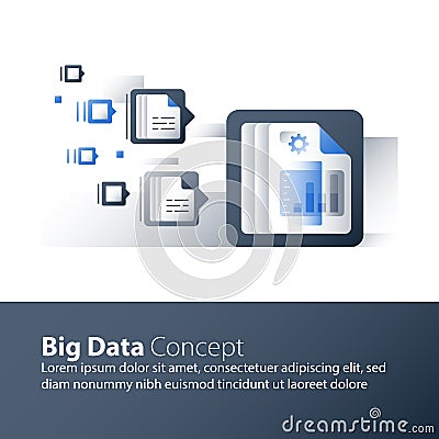 Information collection and processing, big data analyzing, report graph, business technology Vector Illustration