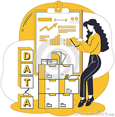 Big data. Architecture, master builder, constructs skyscrapers knowledge within big data Cartoon Illustration