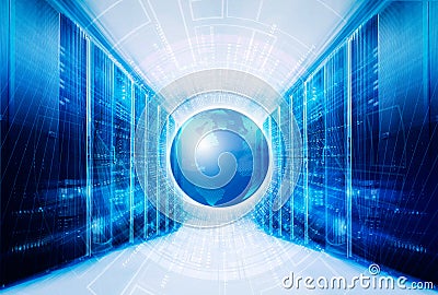 Big data from binary code around planet earth in the symmetrical futuristic modern server room of modern data center Stock Photo