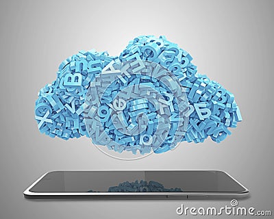 Big data. Blue characters cloud shape. Smart tablet. 3D illustration Cartoon Illustration