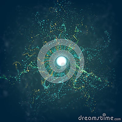 Big data circle particle grid explosion with bokeh. Ai abstract vector flare background. Futuristic dust. Vector Illustration