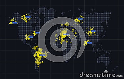 Big data cluster map. Global data. Cluster analysis visualization. Activity world map. Technology spreading background. Vector Illustration