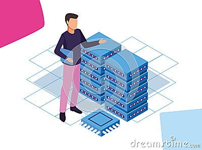 Big data colorful design with man with data center servers Vector Illustration