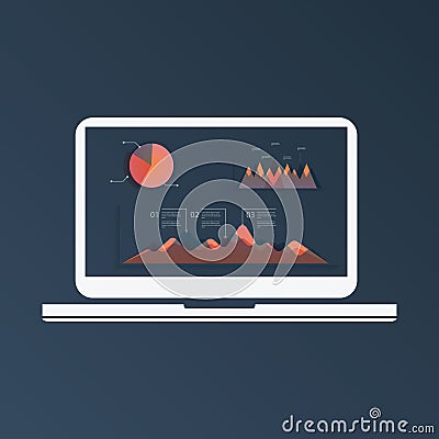 Big data computer analysis infographcis template with graphs and pie chart on laptop screen. Modern technology Vector Illustration