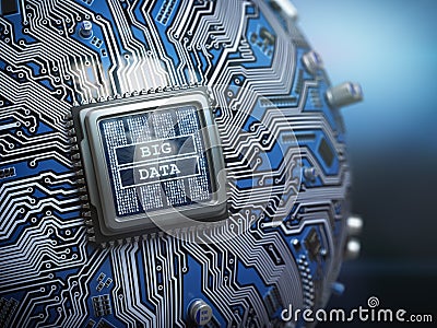 Big data concept. CPU processor with text big data on the spherical futuristic motherboard. Cartoon Illustration