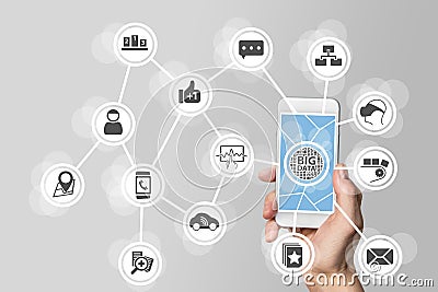 Big data concept in order to analyze large volume of data from connected mobile devices. Hand holding smart phone on white backgro Stock Photo