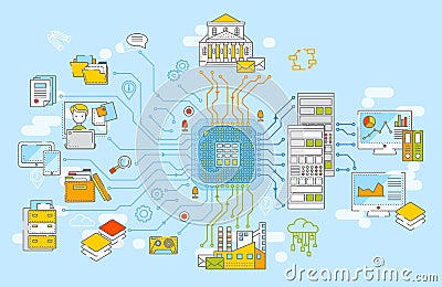 Big data concept vector illustration. Collection of information, data processing, information analysys, data storage. Vector Illustration