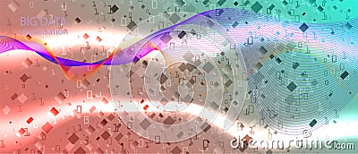 Big Data Cyber Vector Background. Fractal Fluid Glow Blue Purple Pink Background. Cyber Equalizer Slide. Matrix Flying Binary Vector Illustration