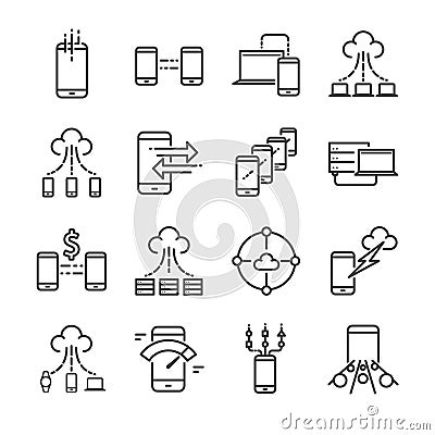 Big data and data transfer related vector line icon set. Contains such icons as cloud, storage, computing, mobile data transfer an Vector Illustration