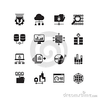 Big data database analytics cloud computing information technology digital processing vector icon set Vector Illustration