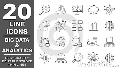 Big Data, Database analytics, information technology, digital processign icons lines set isolated vector illustration. Editable Vector Illustration