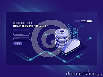 Big data flow processing concept, cloud database, isometric vector, web hosting and server room icons Vector Illustration