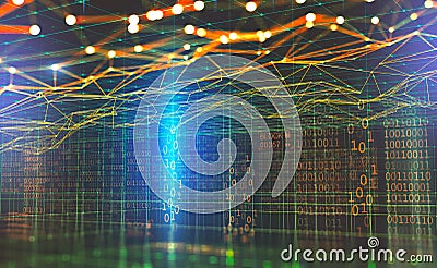 Big data global network. Blockchain. 3D illustration. Neural networks and artificial intelligence. Abstract technological cyberspa Cartoon Illustration