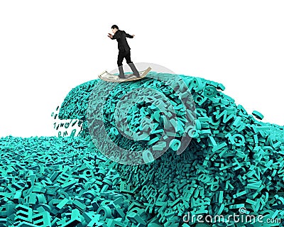 Big data. Huge characters tsunami wave. Businessman surfing money board Stock Photo