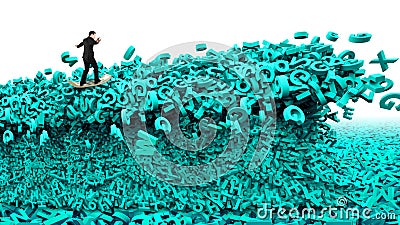 Big data. Huge characters tsunami wave. Businessman surfing money board Stock Photo