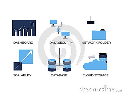 Big Data Icon set of Analytic, Data Security, Network Folder, Scalability, Database and Cloud Storage Vector Illustration
