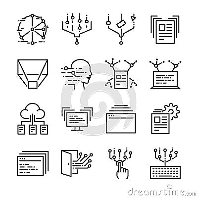 Big data icon set. Included the icons as data, cloud, transfer, filter, analysis, digital and more. Vector Illustration