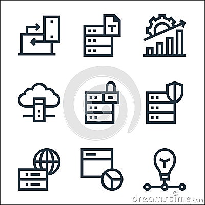 big data line icons. linear set. quality vector line set such as idea, web analytics, global server, database, lock, cloud server Vector Illustration