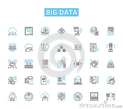 Big data linear icons set. Analytics, Insights, Volume, Velocity, Variety, Cloud, Machine line vector and concept signs Vector Illustration