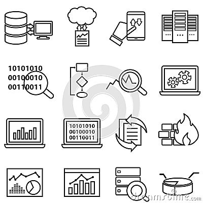 Big data, machine learning and data analysis line icons Vector Illustration