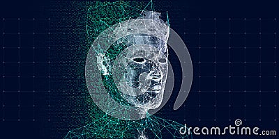 Big data. Machine learning. Polygonal wireframe cyborg head on code background. Data science. Artificial intelligence concept for Vector Illustration