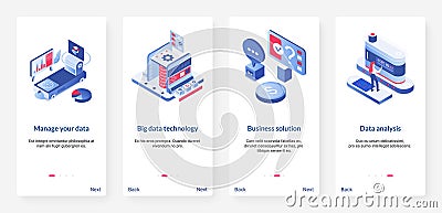 Big data management, digital technology isometric UX, UI mobile app page screen set Cartoon Illustration