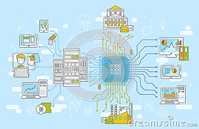 Big data network management concept vector illustration. Collection of information, data storage and analysys. Vector Illustration