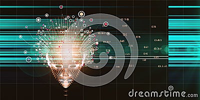 Big data. Polygonal head front view and data. Abstract artificial intelligence background with glow lines. Machine learning resea Stock Photo