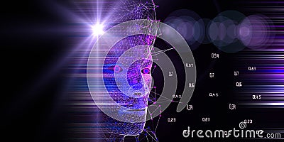 Big data. Polygonal technology background with 3d wireframe head , blurred lines and lens effects. Artificial intelligence concept Stock Photo