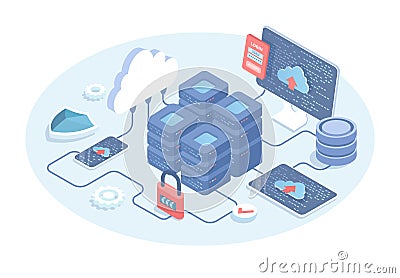 Big data processing center. Cloud database. System network administration. Vector Illustration